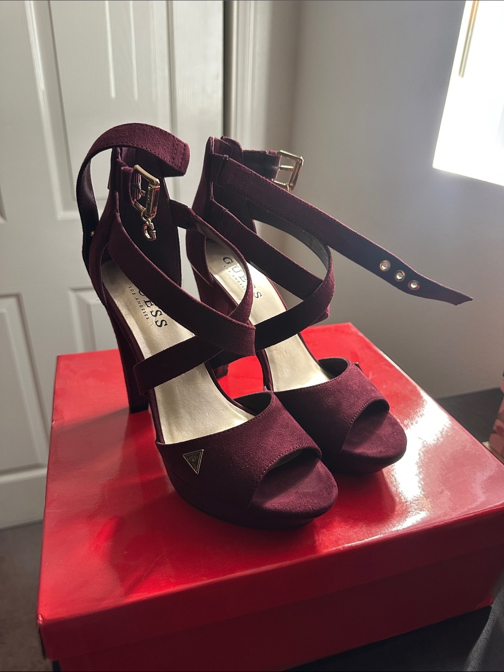 Guess Burgundy Suede-Look Strappy Platform Heels
